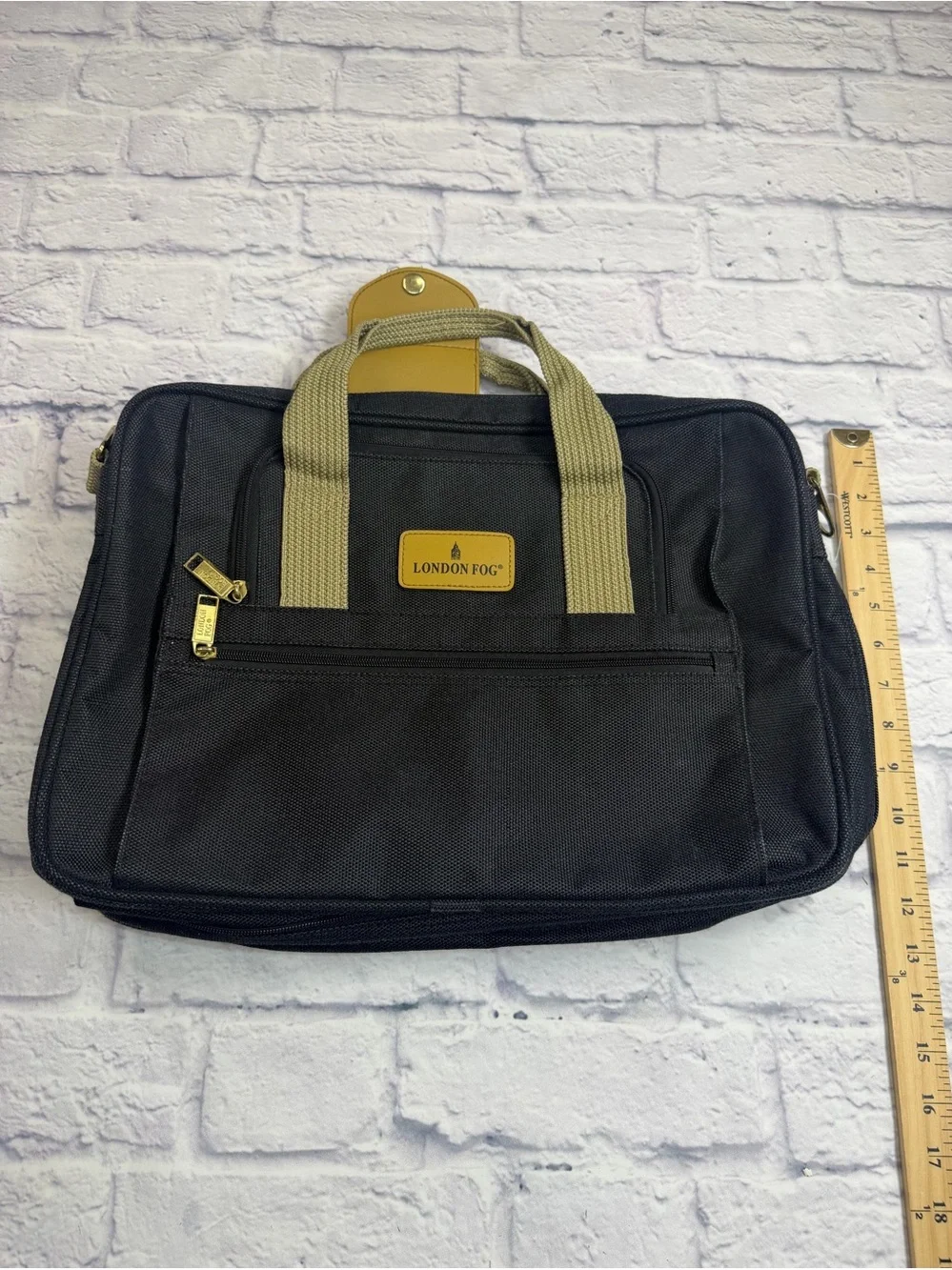 NWOT London Fog Black Laptop Briefcase with Tan Accents & Shoulder Strap.